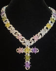 Fashion Iced Out Colorful Flowers Necklace Chain Luxurious Link Cross Chains For Women Hip Hop Jewelry Girl Birthday Gifts