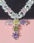 Fashion Iced Out Colorful Flowers Necklace Chain Luxurious Link Cross Chains For Women Hip Hop Jewelry Girl Birthday Gifts