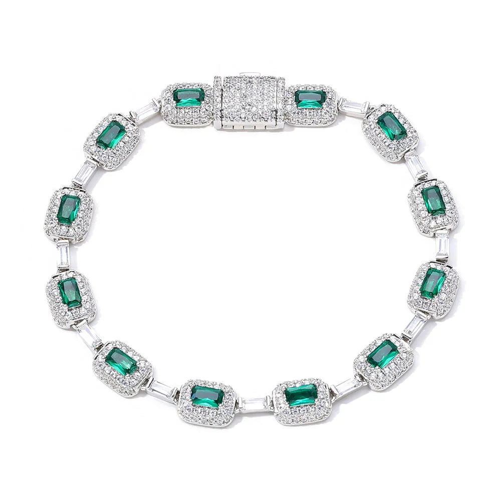 Fashion Luxury Jewelry Set 7mm Gemstone Green Link Necklace 18k Gold Plated Hip Hop Men Women CZ Diamond Clustered Chain